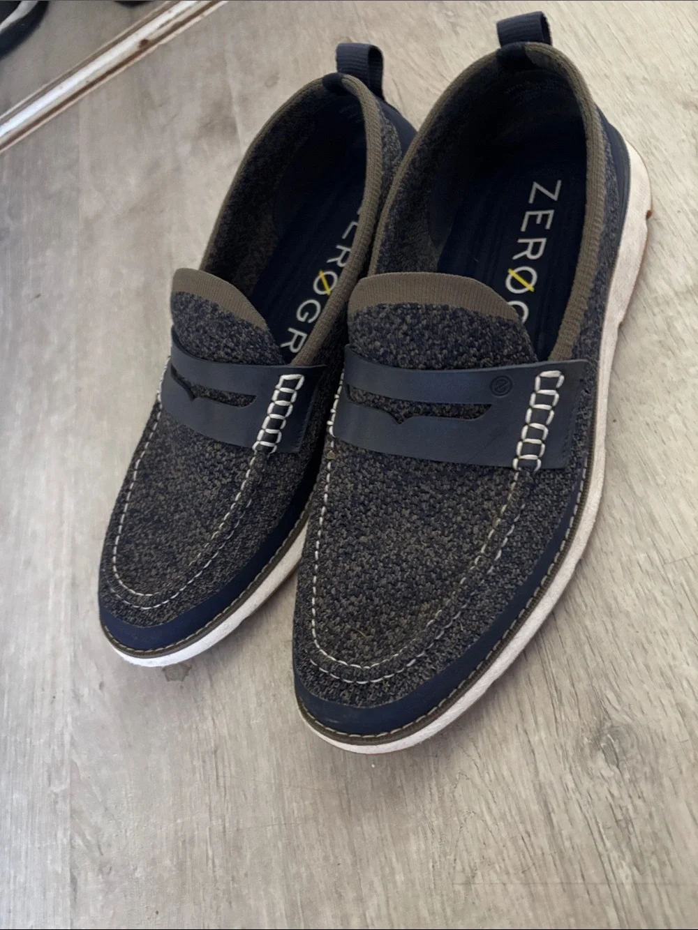 Cole Haan Navy Knit Slip-On Loafers with Tan Trim